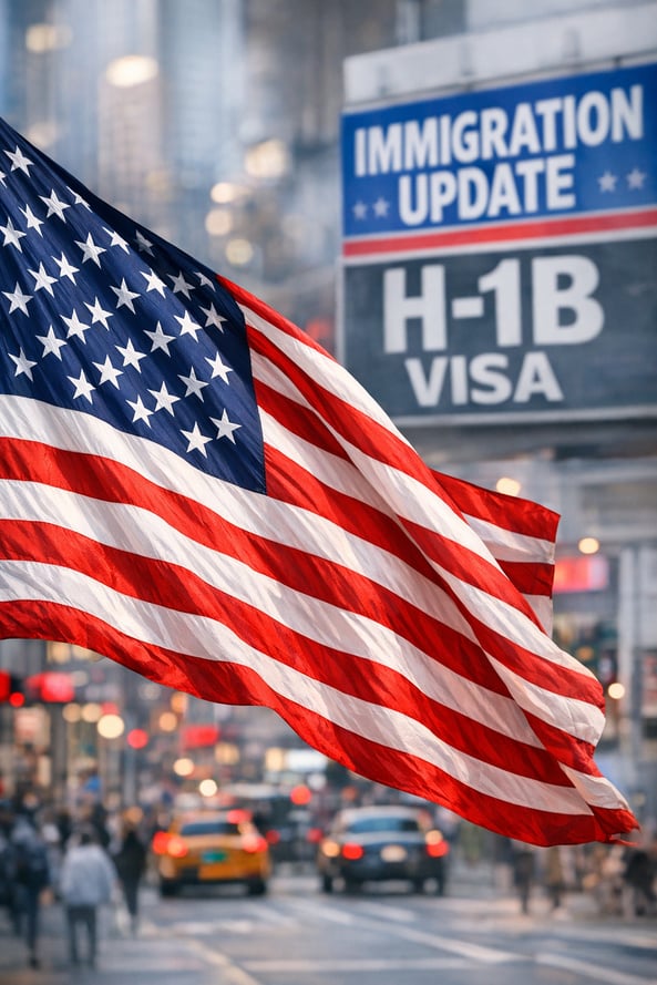 8K Ultra High Definition MidCloseup US Flag Waving Flag Blurry Background Busy Street background Immigration Update reference in the back H1B referenc