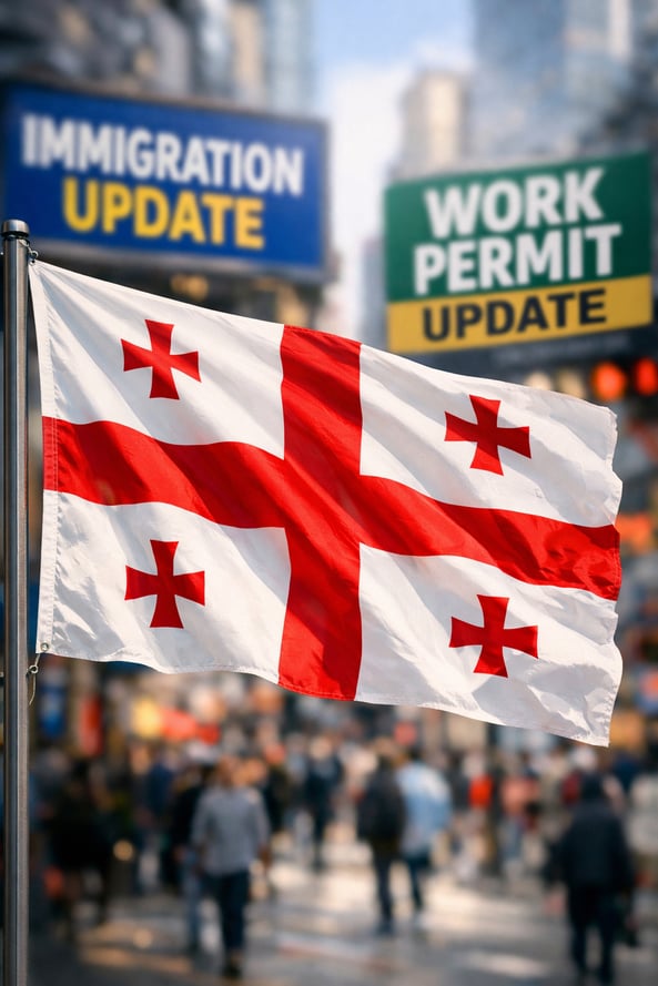 8k Ultra HD Midcloseup Georgia Flag Waving Flag Blurry background Busy street background Immigration Update reference in the back Work Permit Update r-1