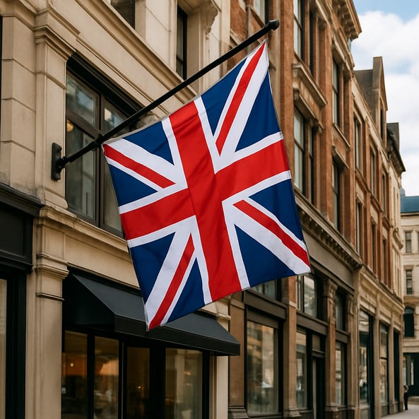 Shot of the UK Flag by a building in a commercial area-1