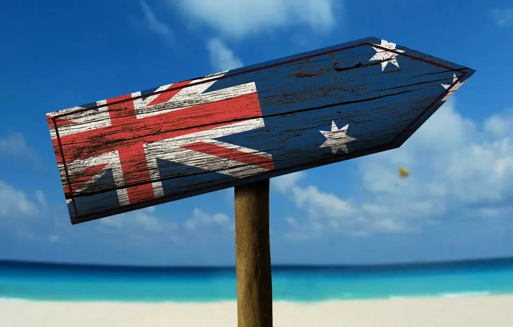 Australia flag wooden sign with a beach on background - Oceania